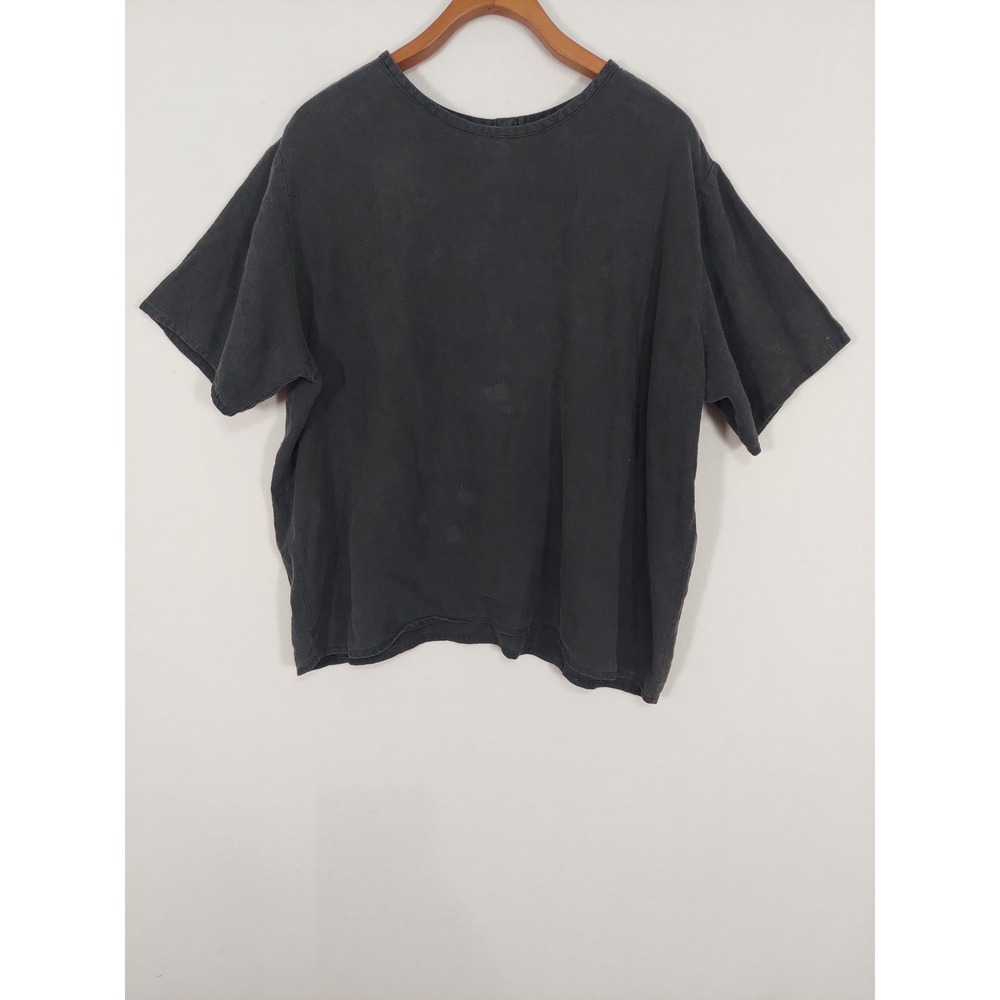 FLAX Jeanne Engelhart Linen Top M Charcoal Gray Boxy Lagenlook Oversized ~Flaw